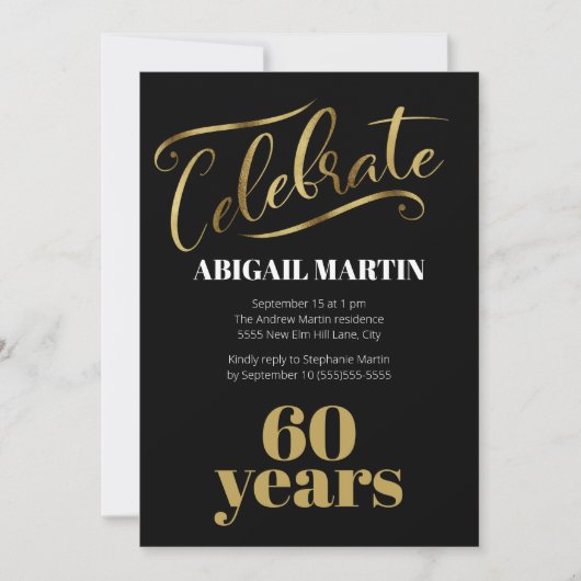Invitation Fête d'anniversaire 60 ans Or Noir Blanc (Devant)