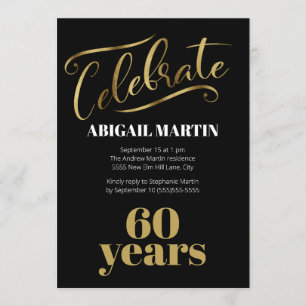 Invitation Fête d'anniversaire 60 ans Or Noir Blanc