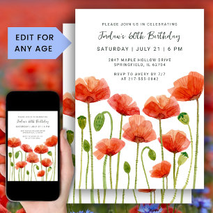Invitation Fête d'anniversaire 60 ans Pavots Floraux Aquarell