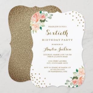 Invitation Fête d'anniversaire 60 ans Peach Gold Floral Confe