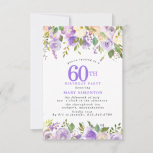 Invitation FÊTE D'ANNIVERSAIRE 60 ans PETITE Rose Fleur Viole