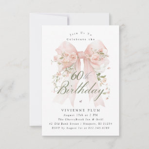 Invitation Fête d'anniversaire 60 ans Ruban Coquette Rose Flo