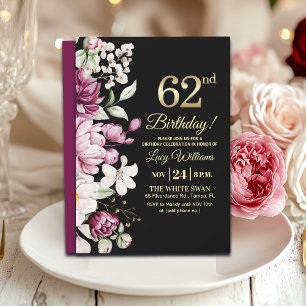 Invitation Fête d'anniversaire 62 ans Elegant Floral Gold
