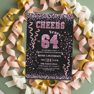 Invitation Fête d'anniversaire 64 ans Paillettes roses Strass