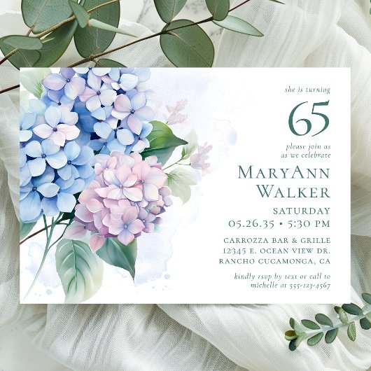 Invitation Fête d'anniversaire 65 ans aux Hydrangeas Rose Ble