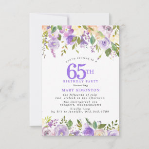 Invitation FÊTE D'ANNIVERSAIRE 65 ans Fleur de rose pourpre P