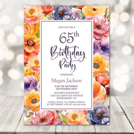 Invitation Fête d'anniversaire 65 ans Fleurs roses orange