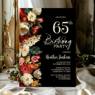 Invitation Fête d'anniversaire 65 ans Floral Noir Vibrant et