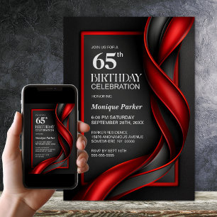 Invitation Fête d'anniversaire 65 ans moderne noir et rouge