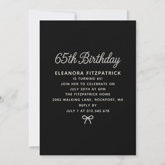 Invitation Fête d'anniversaire 65 ans Noir Blanc Perle Script (Devant)