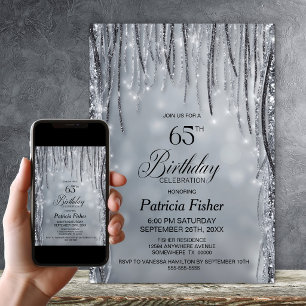 Invitation Fête d'anniversaire 65 ans paillettes noir et arge