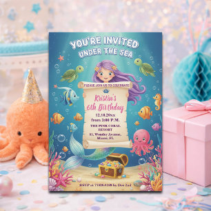 Invitation Fête d'anniversaire 6 ans de sirène sous la mer ro