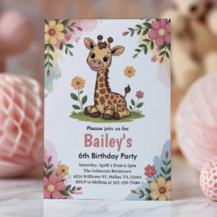 Invitation Fête d'anniversaire 6 ans Fleurs Enfant Girafe Jun