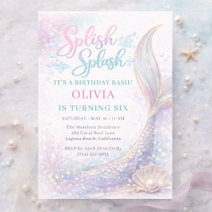Invitation Fête d'anniversaire 6 ans Mermaid Splish Splash