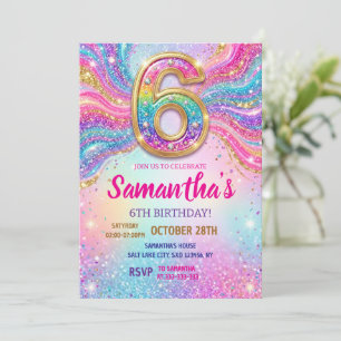 Invitation Fête d'anniversaire 6 ans Paillettes Étincelles Ar