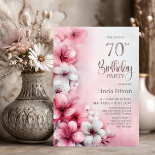 Invitation Fête d'anniversaire 70 ans aux fleurs roses et bla