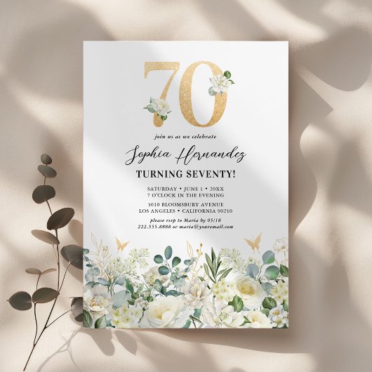 Invitation Fête d'anniversaire 70 ans aux fleurs vertes et bl