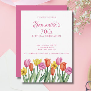 Invitation Fête d'anniversaire 70 ans aux tulipes aquarelles