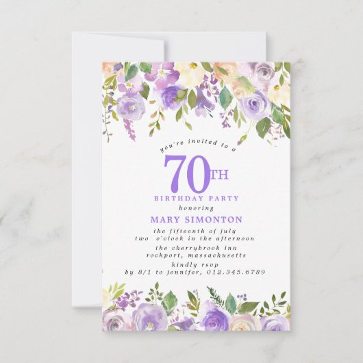 Invitation FÊTE D'ANNIVERSAIRE 70 ans Fleur de Rose Violette (Devant)