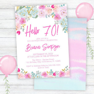 Invitation Fête d'anniversaire 70 ans Fleurs Rose Bleu Pêche