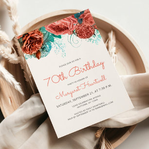 Invitation Fête d'anniversaire 70 ans Floral Bleu sarcelle Co