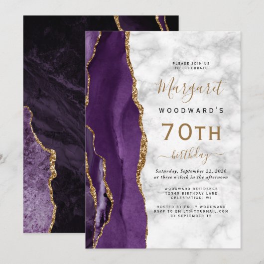 Invitation Fête d'anniversaire 70 ans Marbre Agate Or Pourpre (Devant / Derrière)