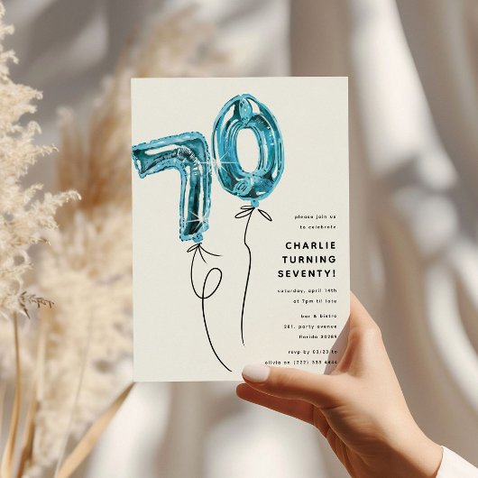 Invitation Fête d'anniversaire 70 ans Minimal Blue 70 Ballon