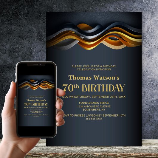 Invitation Fête d'anniversaire 70 ans orange et gris moderne