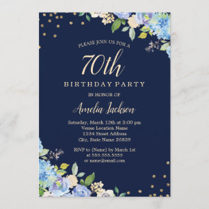 Invitation Fête d'anniversaire 70 ans Sparkle Floral Bleu
