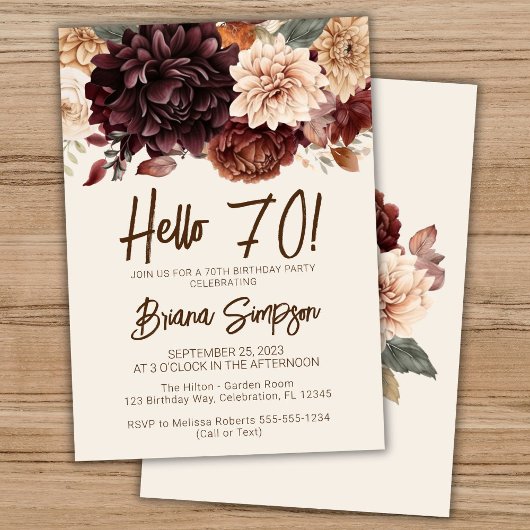 Invitation Fête d'anniversaire 70e Brown Beige Ivory Floral