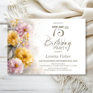 Invitation Fête d'anniversaire 75 ans aux fleurs roses et ora