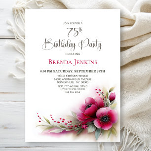 Invitation Fête d'anniversaire 75 ans aux fleurs roses vibran