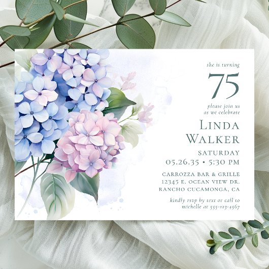 Invitation Fête d'anniversaire 75 ans aux Hydrangeas Bleus Ro