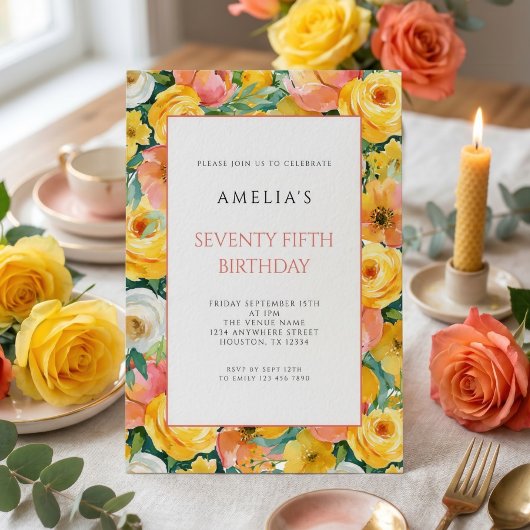 Invitation Fête d'anniversaire 75 ans avec bordure florale ro