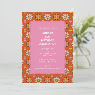 Invitation Fête d'anniversaire 75 ans Fleurs Rétro Orange Ros