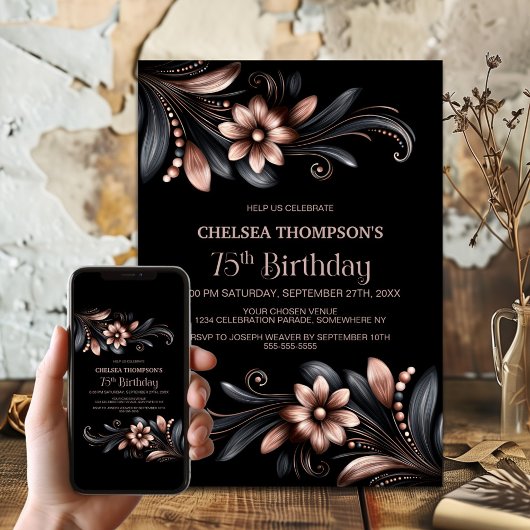 Invitation Fête d'anniversaire 75 ans Floral Black Pink