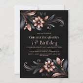 Invitation Fête d'anniversaire 75 ans Floral Black Pink (Devant)