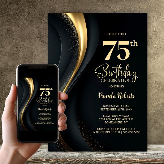 Invitation Fête d'anniversaire 75 ans noir et or