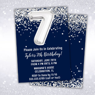 Invitation Fête d'anniversaire 7 ans Bleu Marine Argent