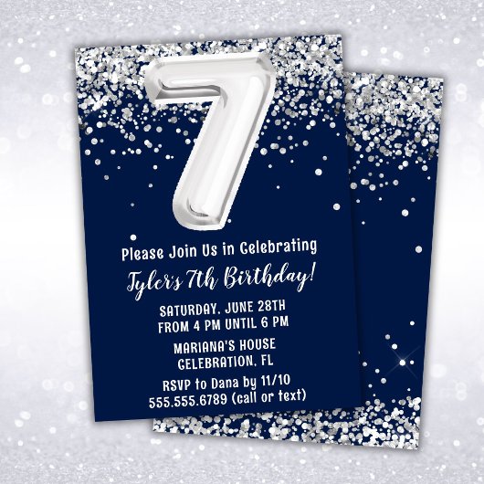 Invitation Fête d'anniversaire 7 ans Bleu Marine Argent