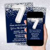 Invitation Fête d'anniversaire 7 ans Bleu Marine Argent