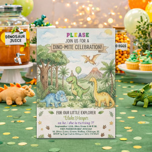 Invitation Fête d'anniversaire 7 ans Dinosaures Aquarelle Vol