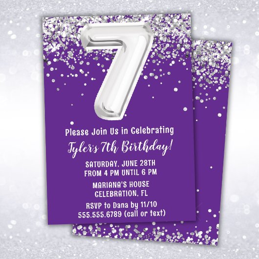 Invitation Fête d'anniversaire 7 ans Purple Silver