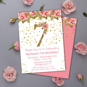 Invitation Fête d'anniversaire 7 ans Roses roses