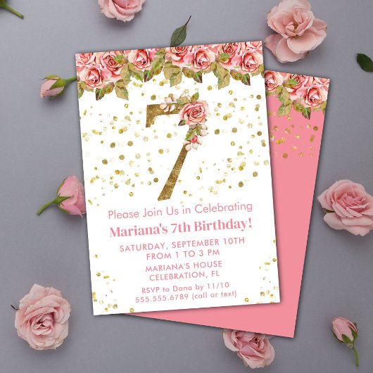 Invitation Fête d'anniversaire 7 ans Roses roses