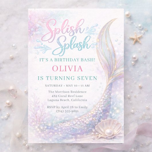 Invitation Fête d'anniversaire 7 ans Splash Mermaid