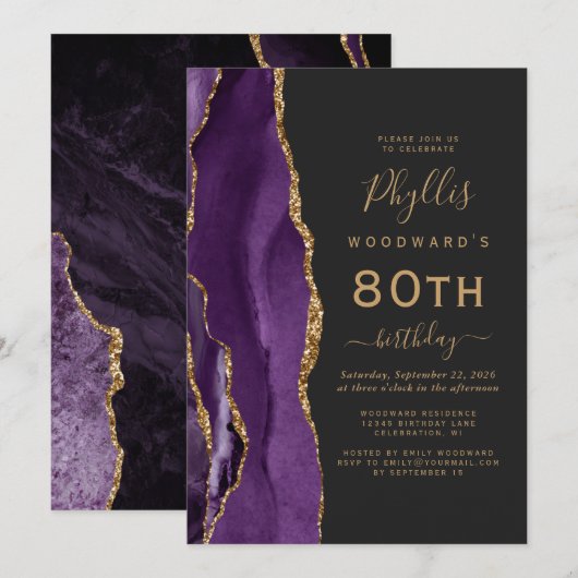 Invitation Fête d'anniversaire 80 ans Agate Or Violet (Devant / Derrière)