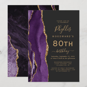 Invitation Fête d'anniversaire 80 ans Agate Or Violet