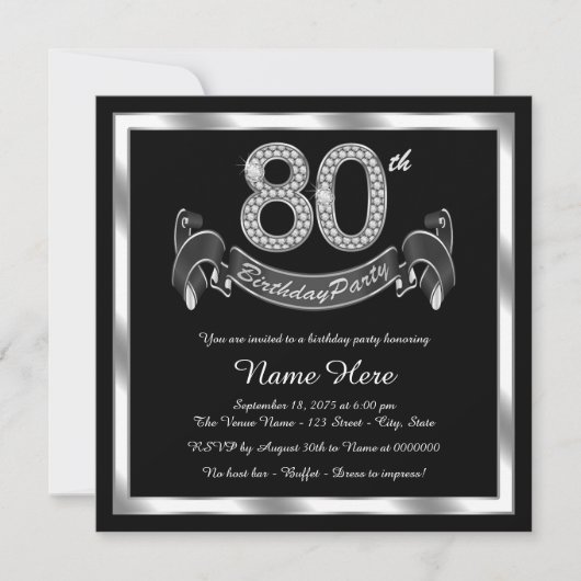 Invitation Fête d'anniversaire 80 ans argent (Devant)