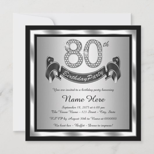 Invitation Fête d'anniversaire 80 ans argent (Devant)